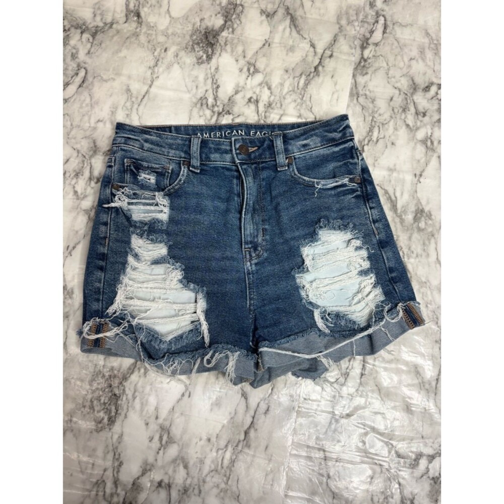 American Eagle Outfitters Mom Short Distressed Dark Blue Denim Cutoff Shorts 2 - Picture 2 of 7